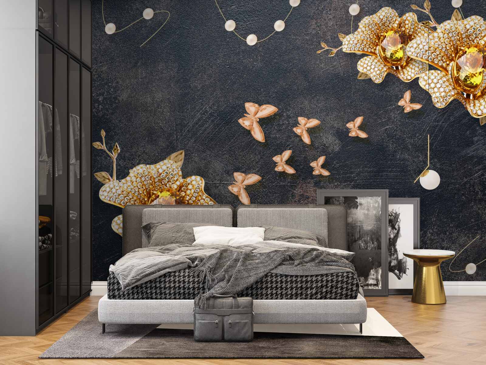 Fototapeta wieczorem motyle ozdabiają złote kwiaty