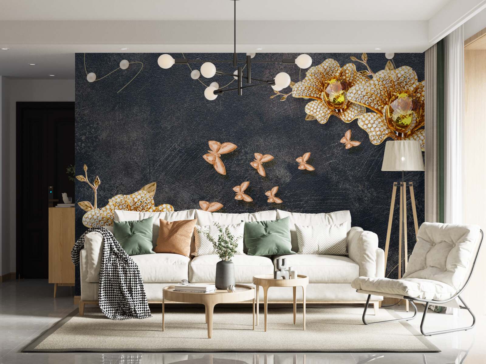 Fototapeta wieczorem motyle ozdabiają złote kwiaty