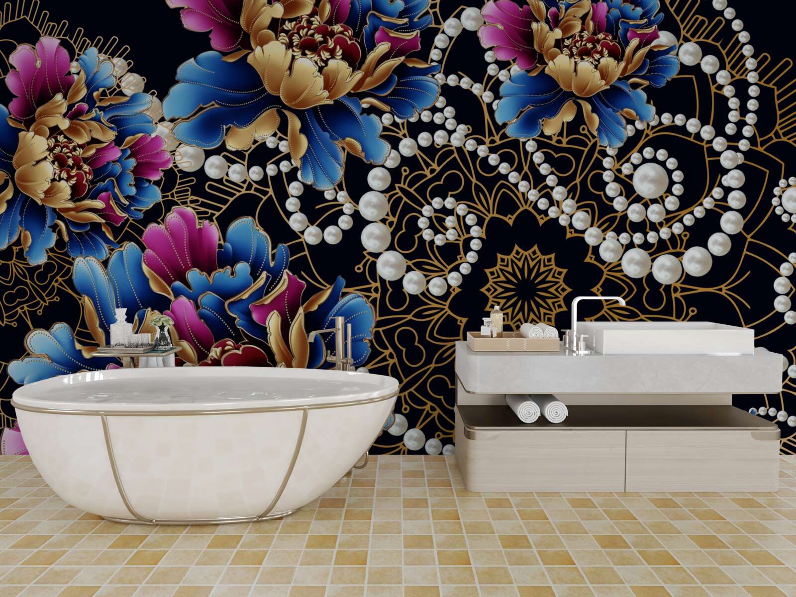 Fototapeta biżuteria i kwiaty tworzą abstrakcyjny zestaw