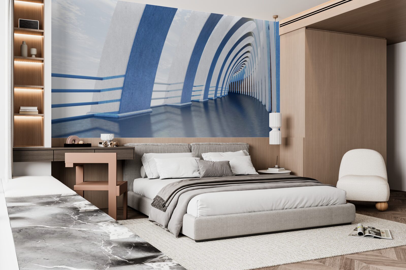 Fototapeta przejście otoczone kolumnami pod jasnym niebem