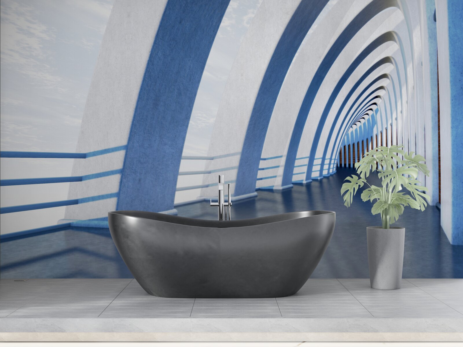 Fototapeta przejście otoczone kolumnami pod jasnym niebem