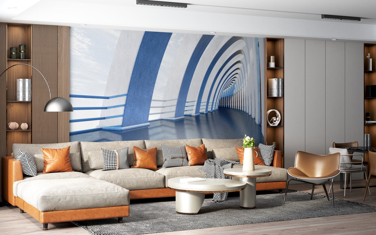 Fototapeta przejście otoczone kolumnami pod jasnym niebem