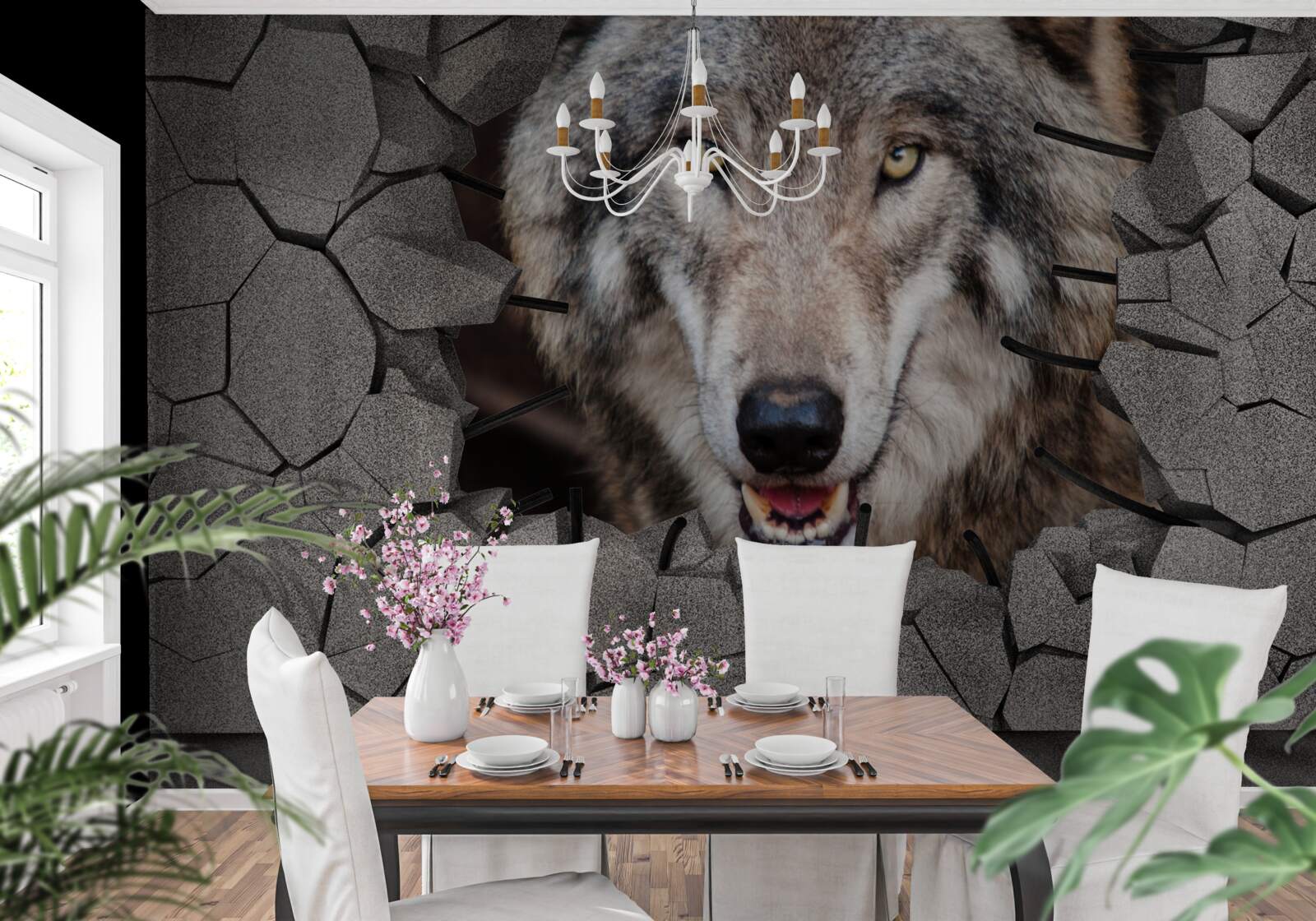 Fototapeta wilk z lasu niszczy ścianę