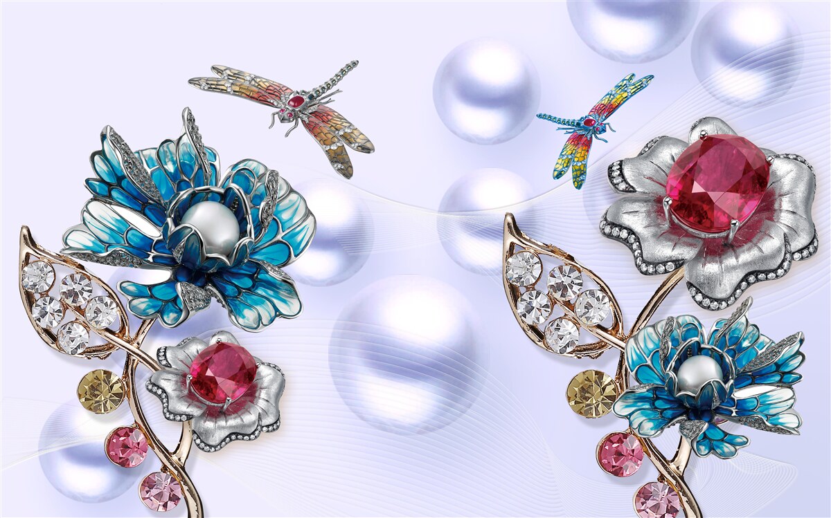 Fototapeta kamienie jubilerskie z motywami roślinnymi i wizerunkami ważek