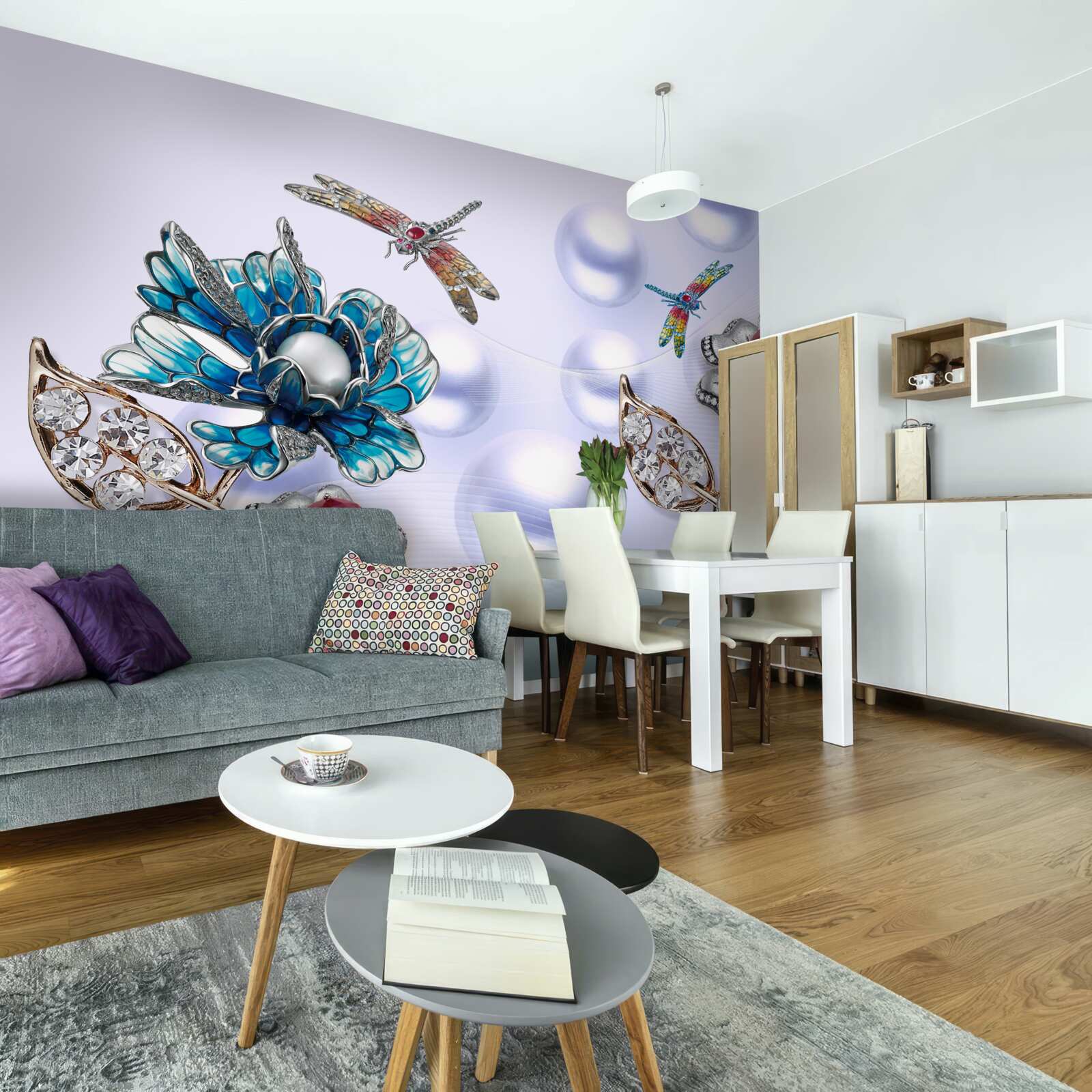 Fototapeta kamienie jubilerskie z motywami roślinnymi i wizerunkami ważek