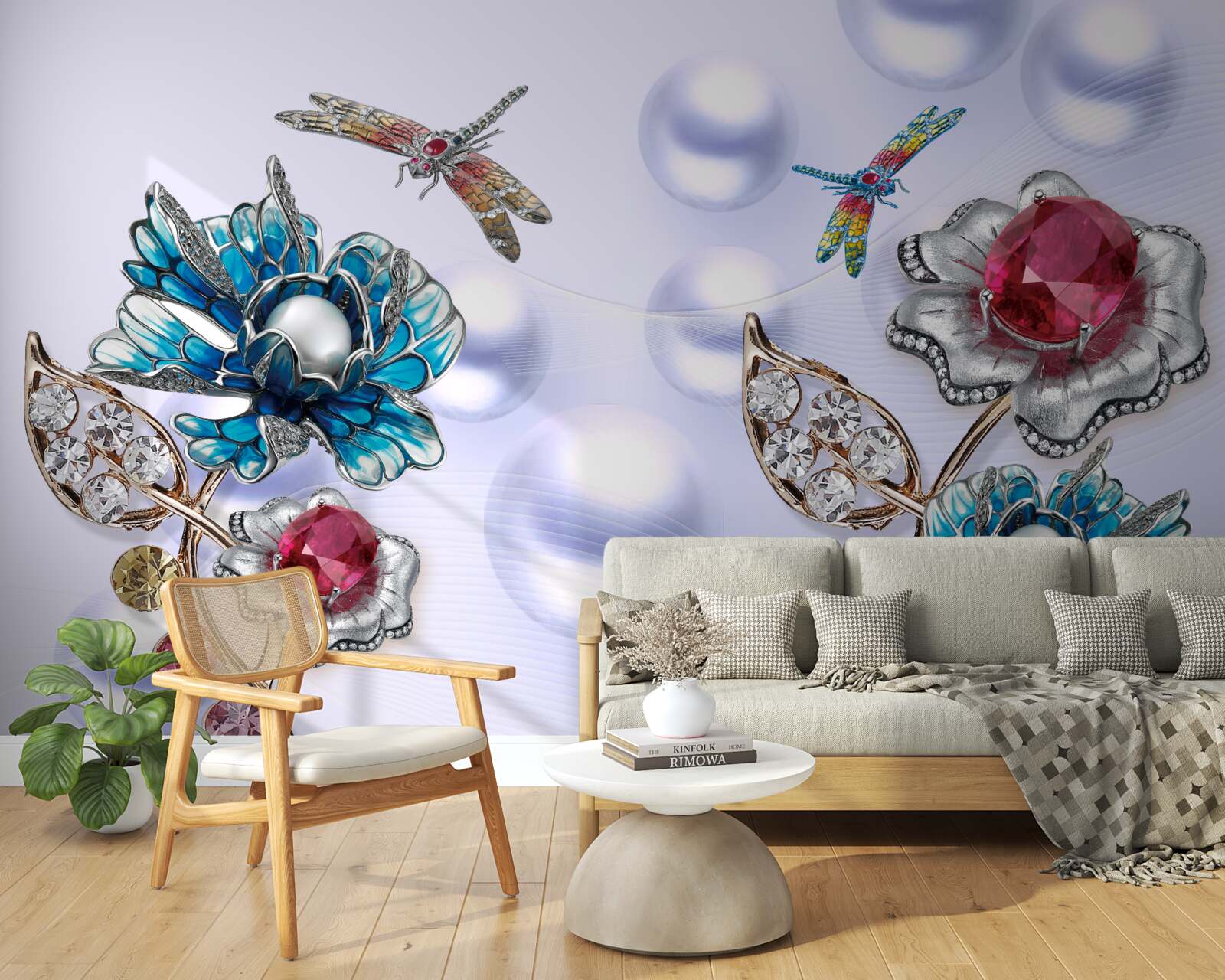 Fototapeta kamienie jubilerskie z motywami roślinnymi i wizerunkami ważek