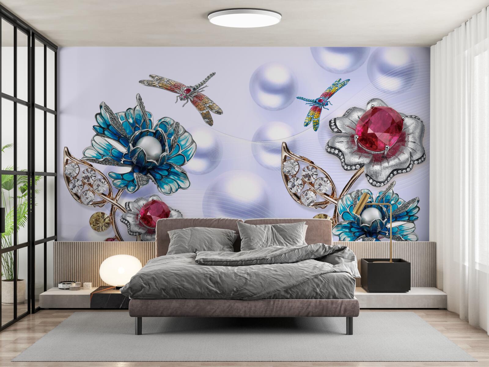 Fototapeta kamienie jubilerskie z motywami roślinnymi i wizerunkami ważek