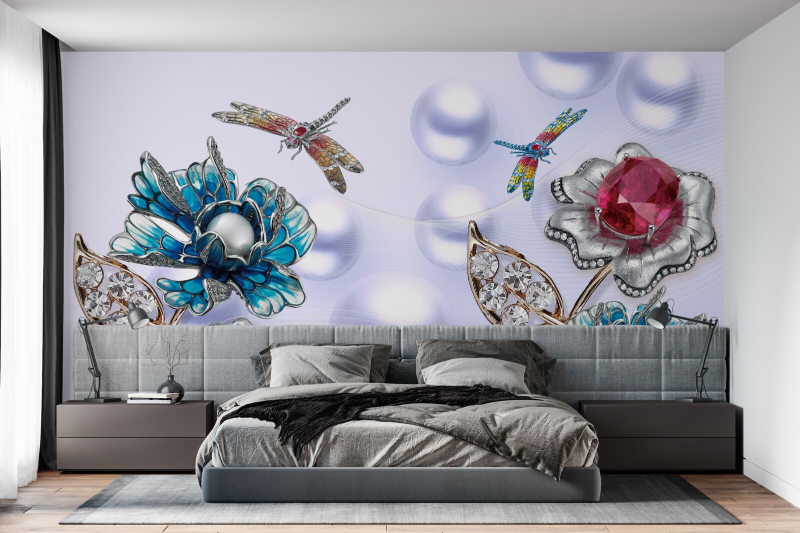 Fototapeta kamienie jubilerskie z motywami roślinnymi i wizerunkami ważek