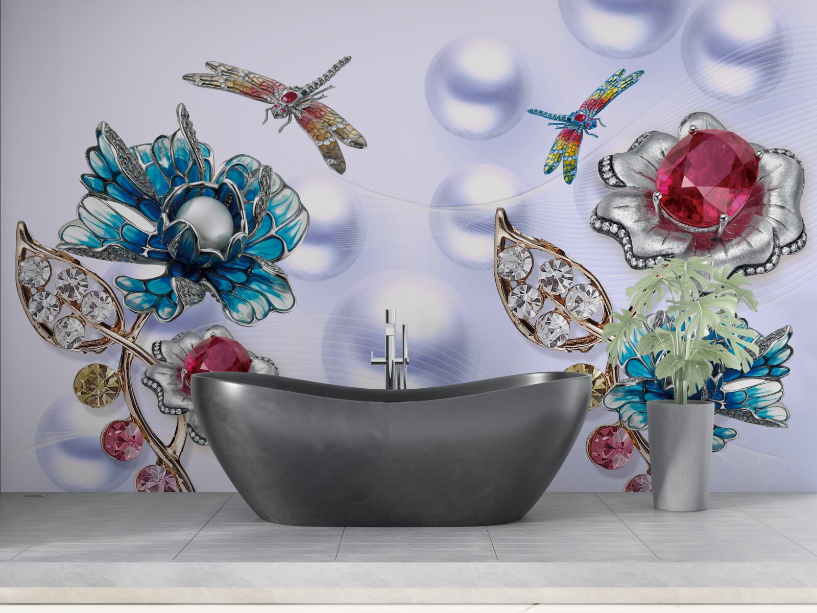 Fototapeta kamienie jubilerskie z motywami roślinnymi i wizerunkami ważek