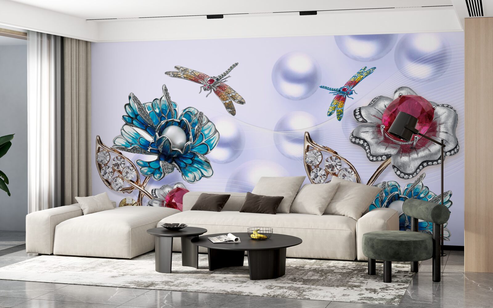 Fototapeta kamienie jubilerskie z motywami roślinnymi i wizerunkami ważek