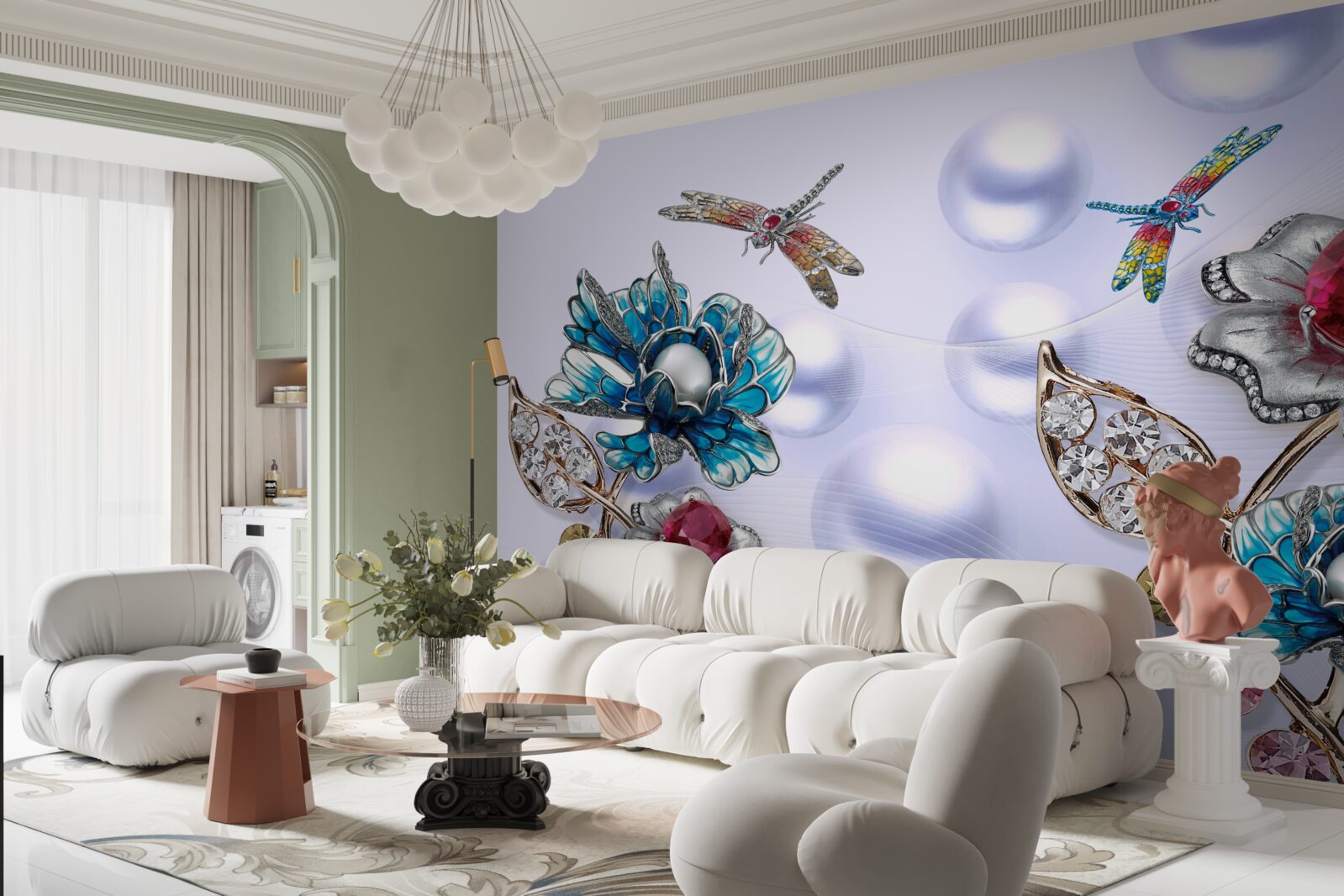 Fototapeta kamienie jubilerskie z motywami roślinnymi i wizerunkami ważek