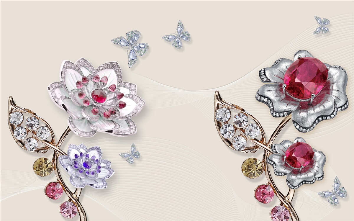 Fototapeta złote kwiaty ozdobione drogimi kamieniami zachwycają swoim pięknem