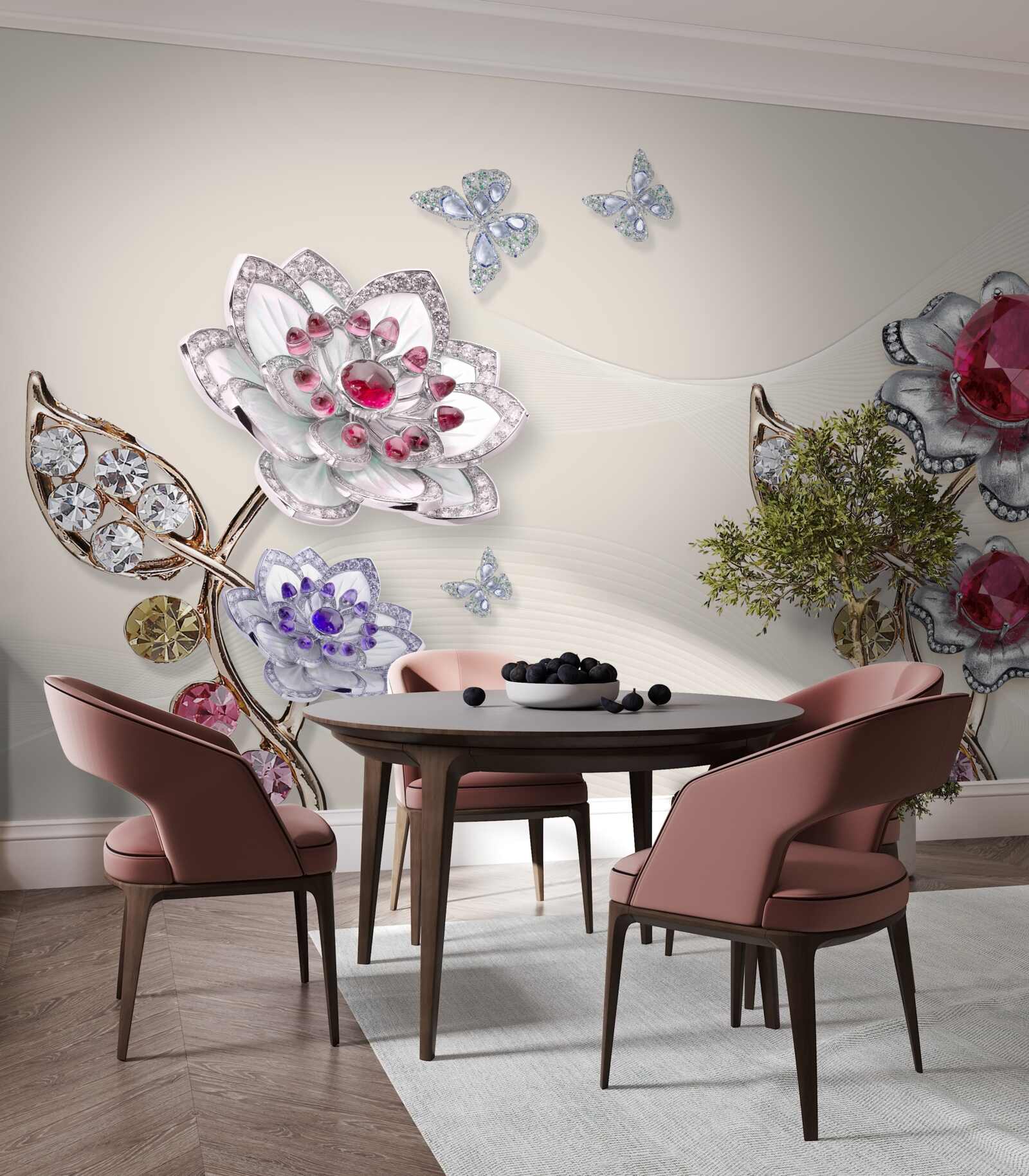 Fototapeta złote kwiaty ozdobione drogimi kamieniami zachwycają swoim pięknem