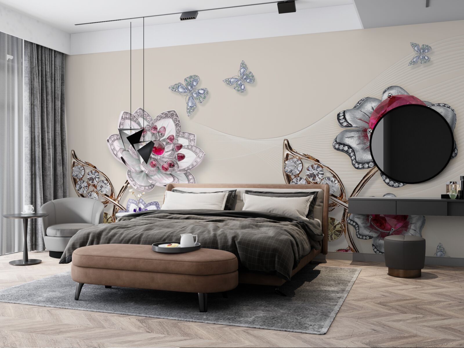 Fototapeta złote kwiaty ozdobione drogimi kamieniami zachwycają swoim pięknem