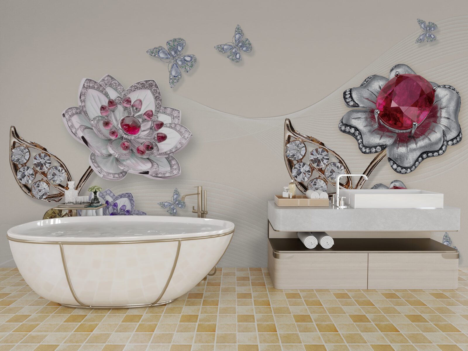 Fototapeta złote kwiaty ozdobione drogimi kamieniami zachwycają swoim pięknem