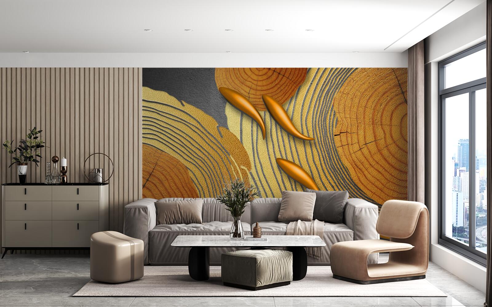 Fototapeta rzeźby na drzewach ozdobione są złotą rybką