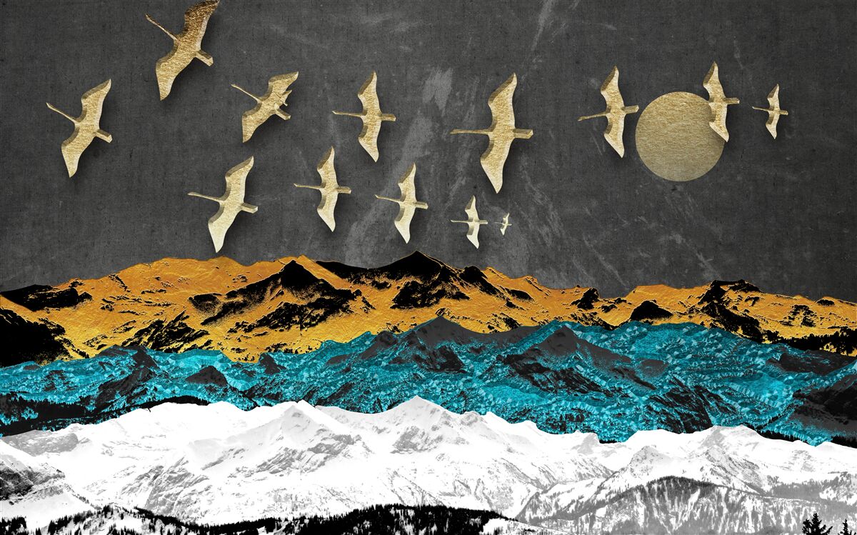 Fototapeta grupa żurawi szybuje nad wzburzonymi falami