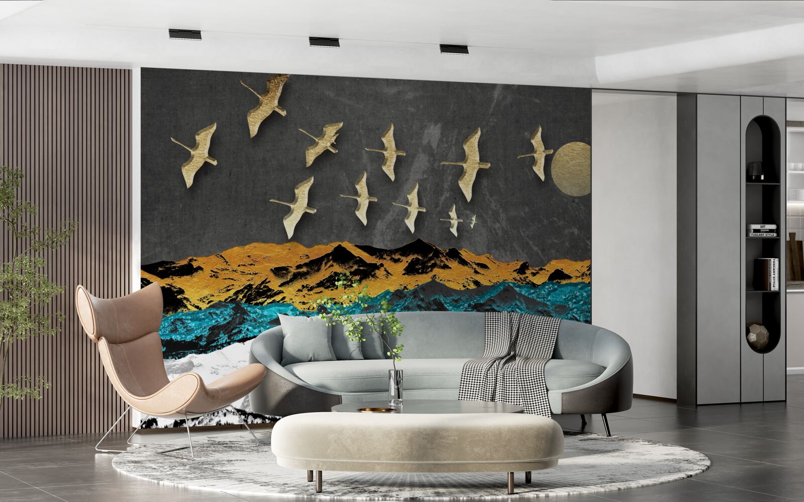 Fototapeta grupa żurawi szybuje nad wzburzonymi falami