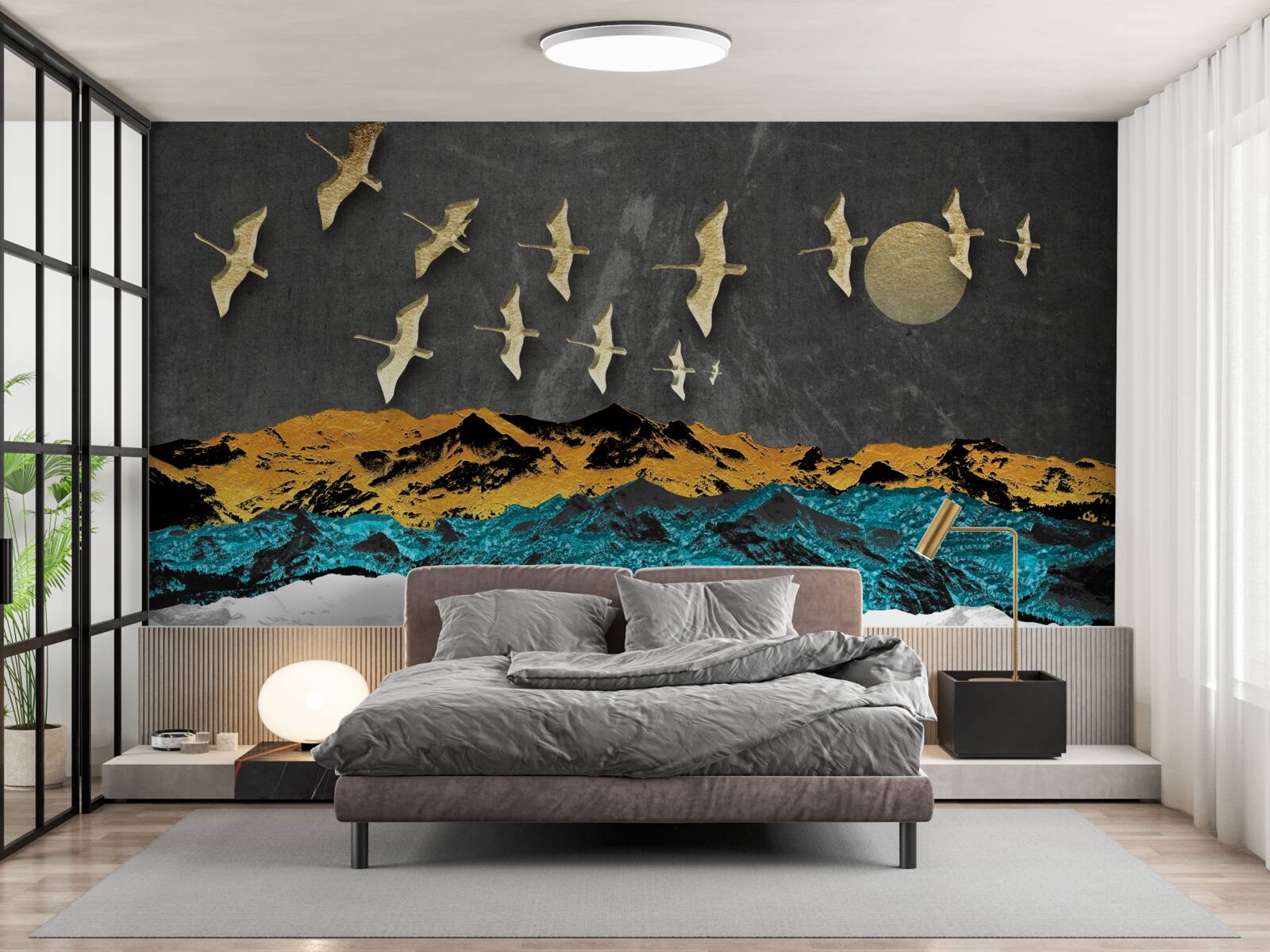 Fototapeta grupa żurawi szybuje nad wzburzonymi falami