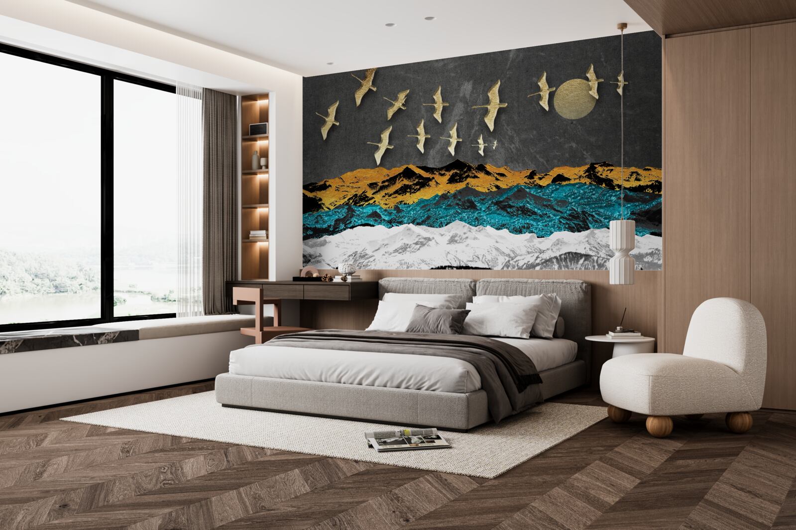 Fototapeta grupa żurawi szybuje nad wzburzonymi falami