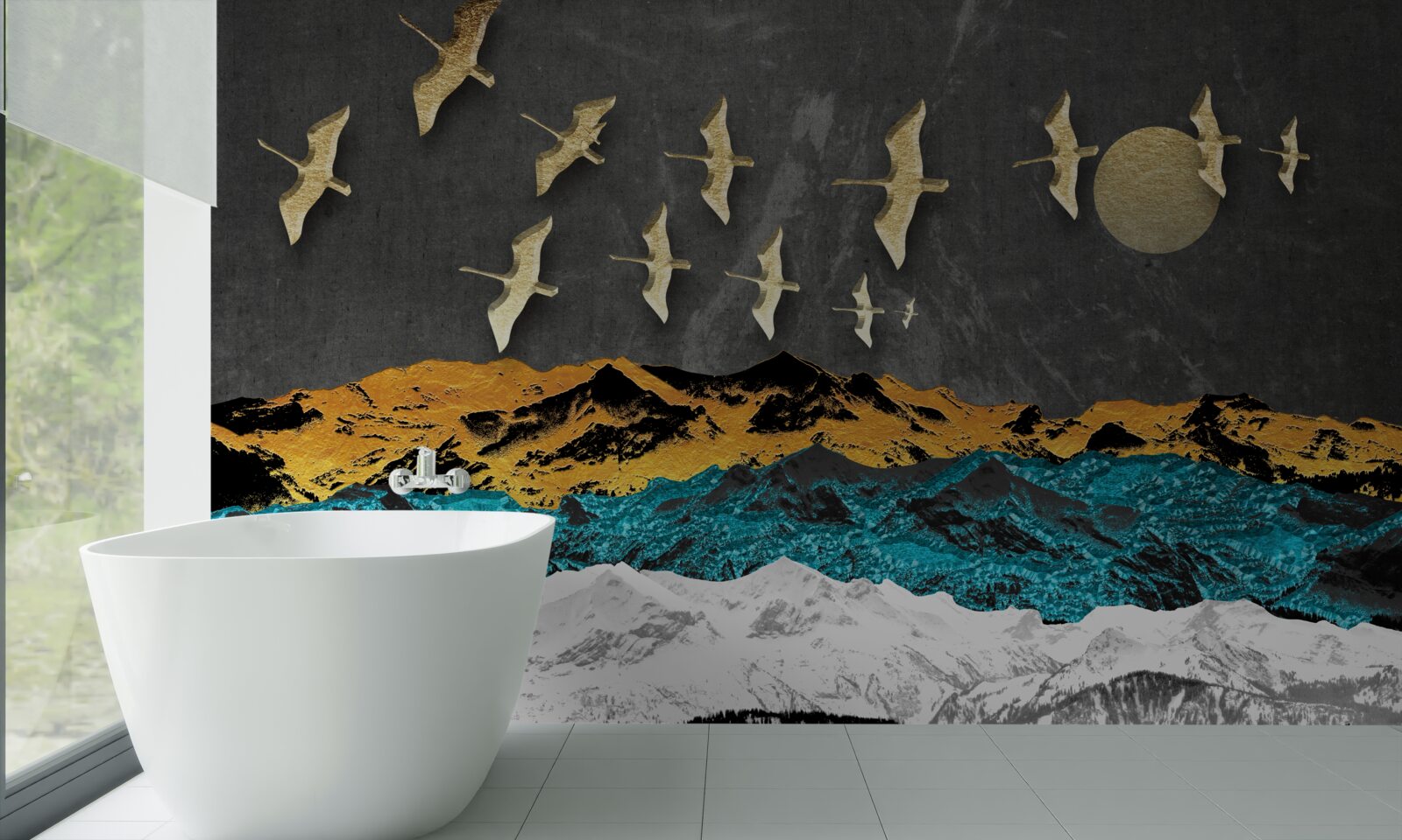 Fototapeta grupa żurawi szybuje nad wzburzonymi falami