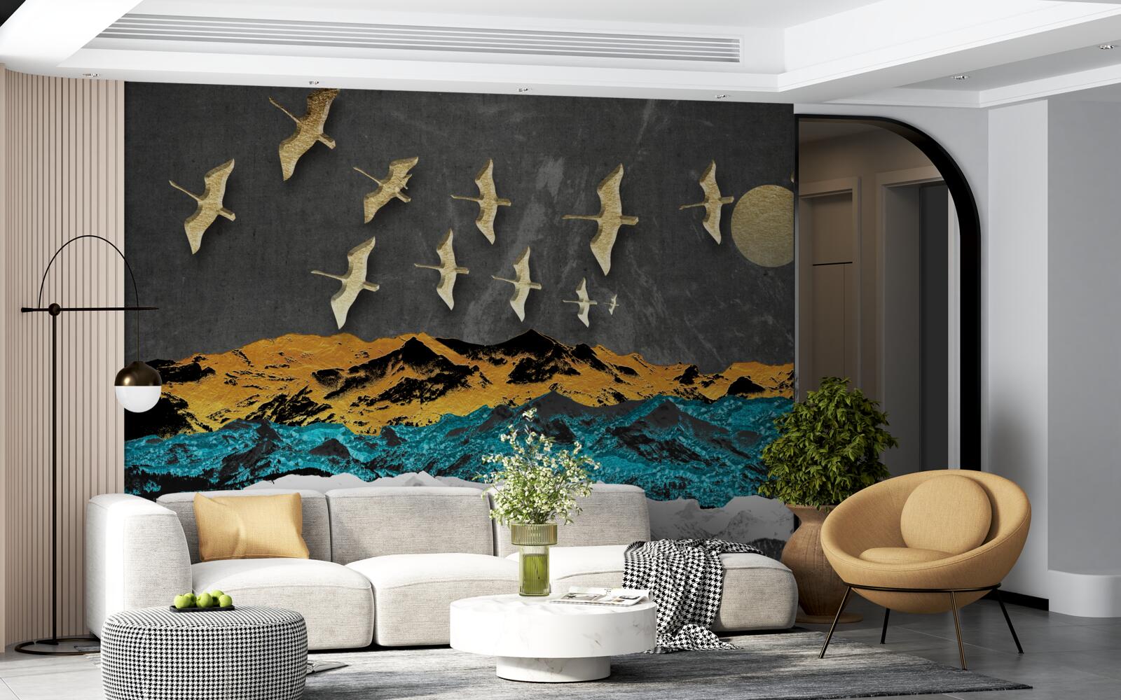 Fototapeta grupa żurawi szybuje nad wzburzonymi falami