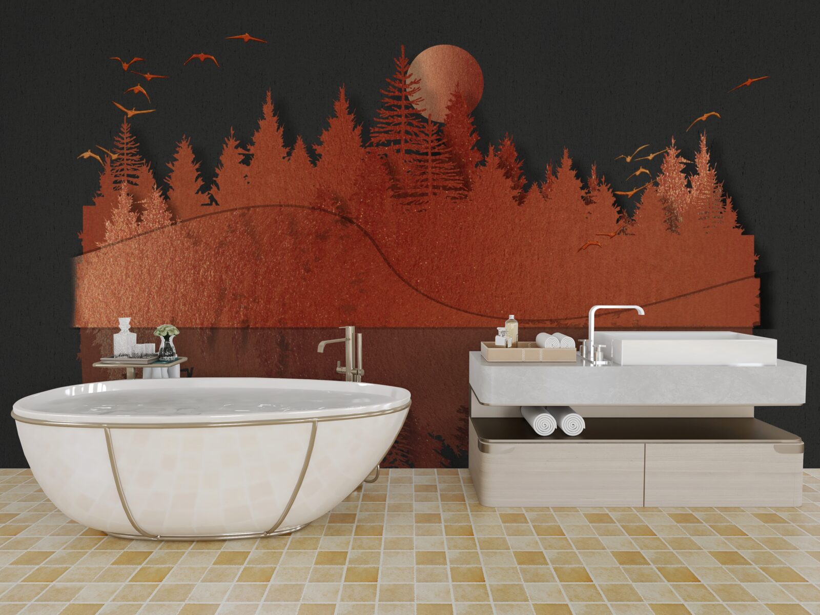 Fototapeta lustro wodne wyświetla czerwony las