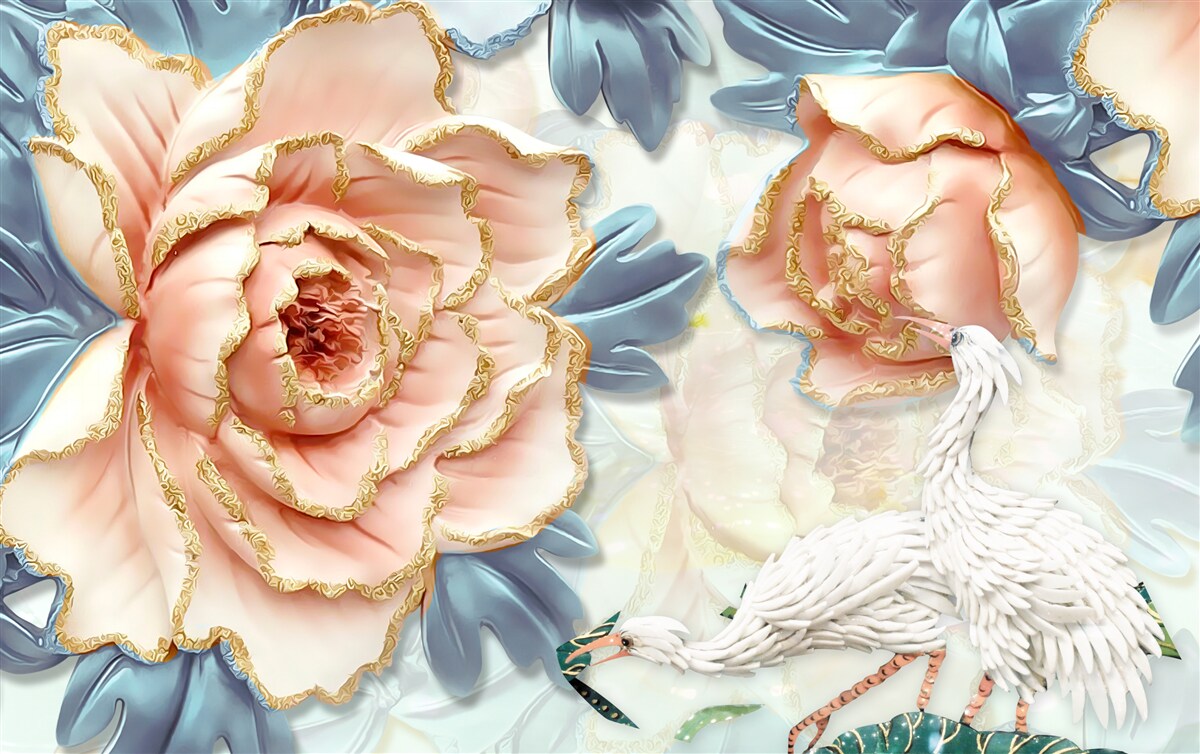 Fototapeta brzoskwiniowe róże i białe łabędzie