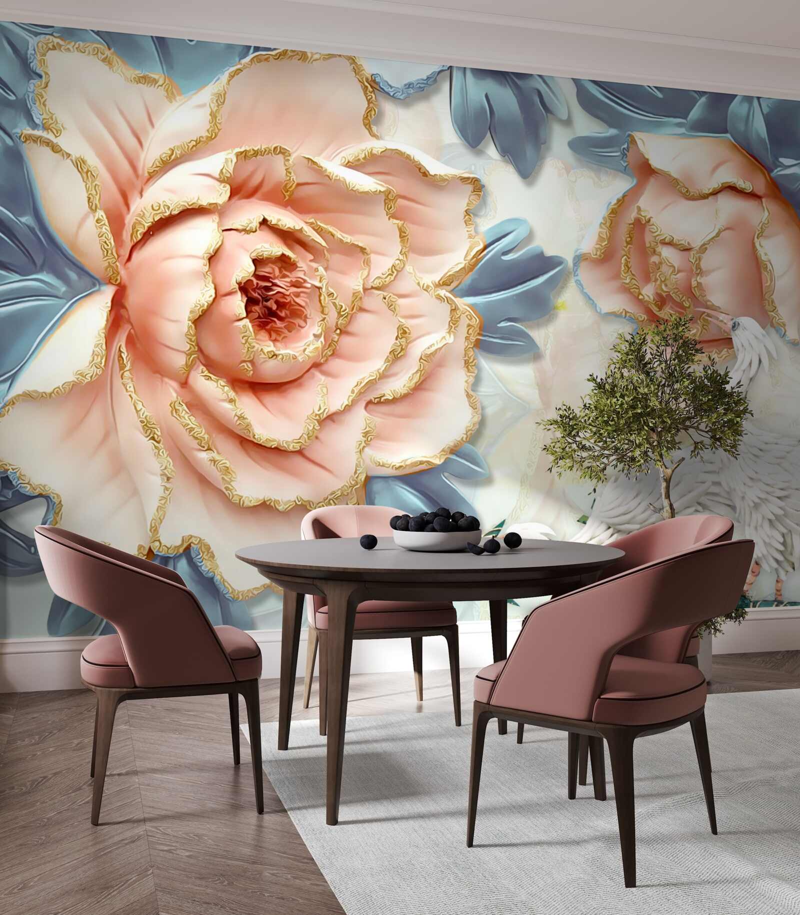 Fototapeta brzoskwiniowe róże i białe łabędzie