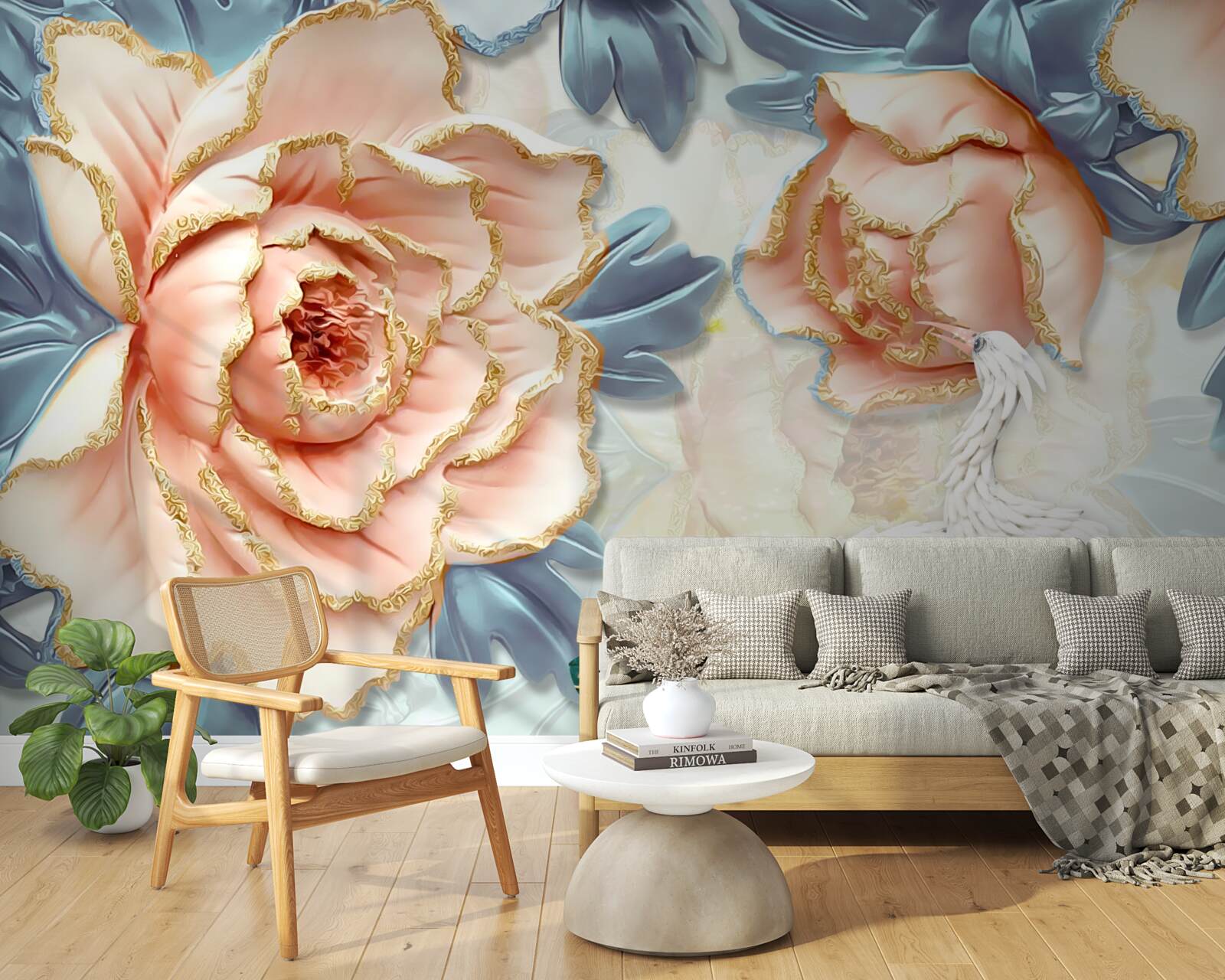 Fototapeta brzoskwiniowe róże i białe łabędzie