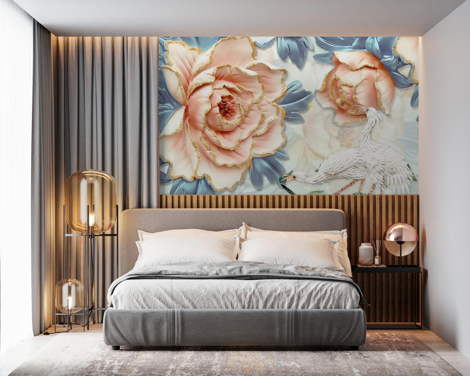 Fototapeta brzoskwiniowe róże i białe łabędzie