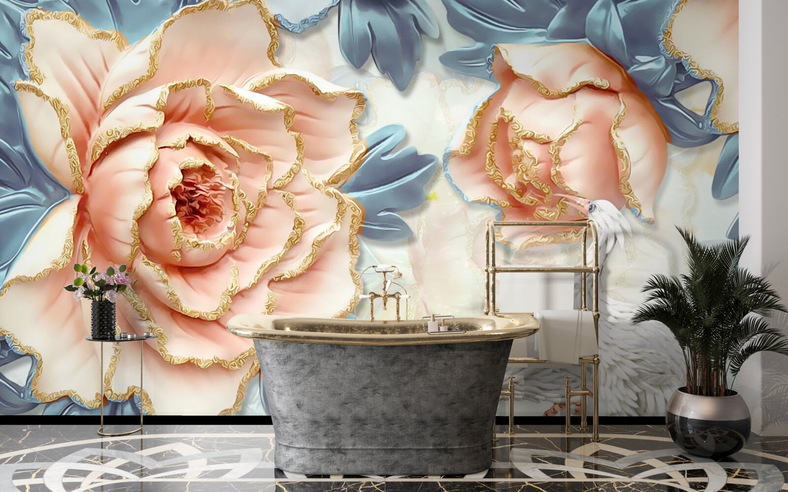 Fototapeta brzoskwiniowe róże i białe łabędzie