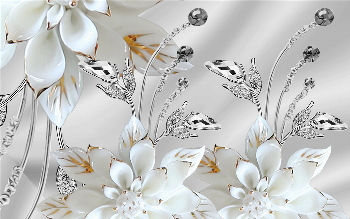 Fototapeta białe i złote kwiaty zdobione na jedwabnej tkaninie