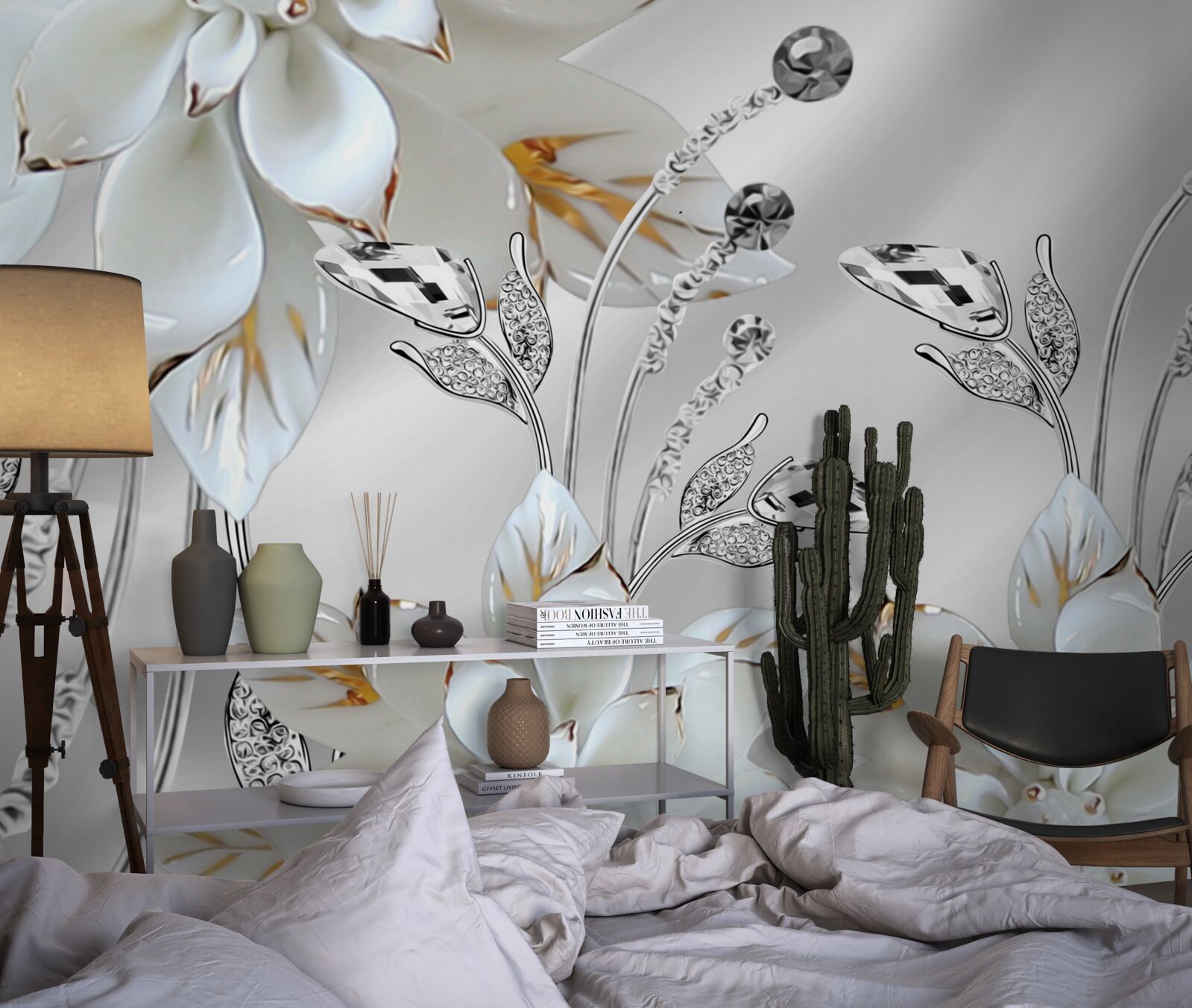 Fototapeta białe i złote kwiaty zdobione na jedwabnej tkaninie