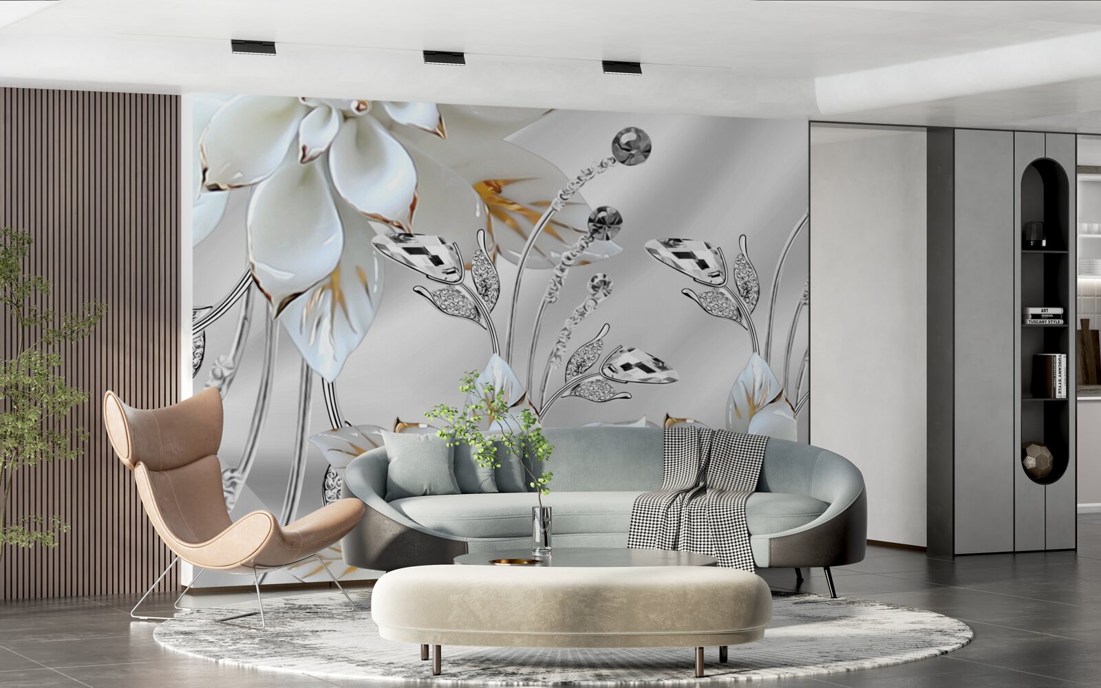 Fototapeta białe i złote kwiaty zdobione na jedwabnej tkaninie