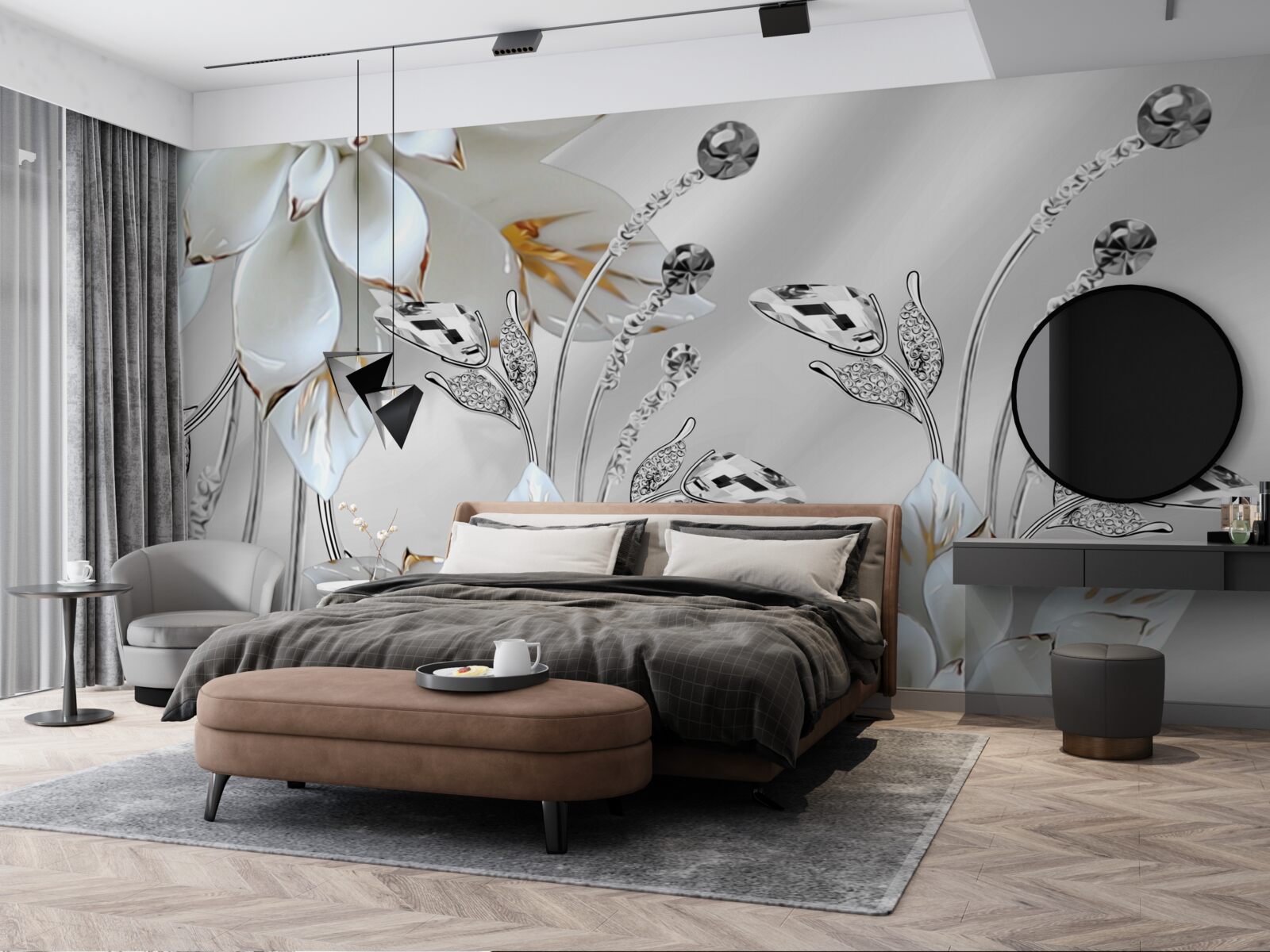 Fototapeta białe i złote kwiaty zdobione na jedwabnej tkaninie