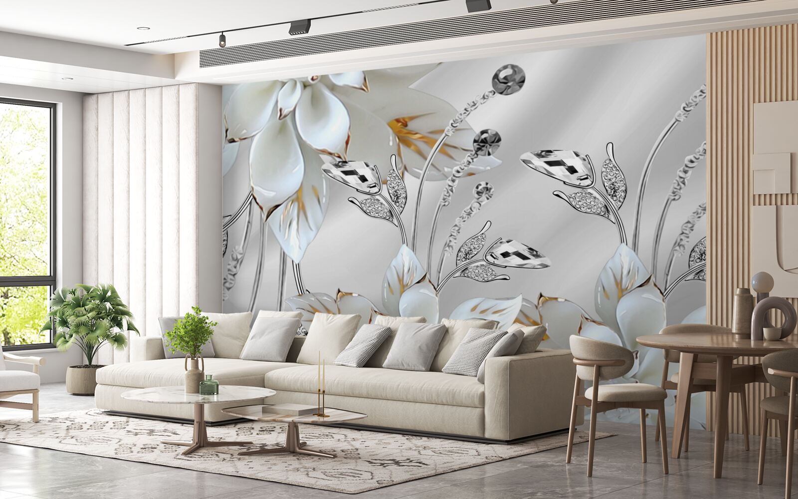 Fototapeta białe i złote kwiaty zdobione na jedwabnej tkaninie