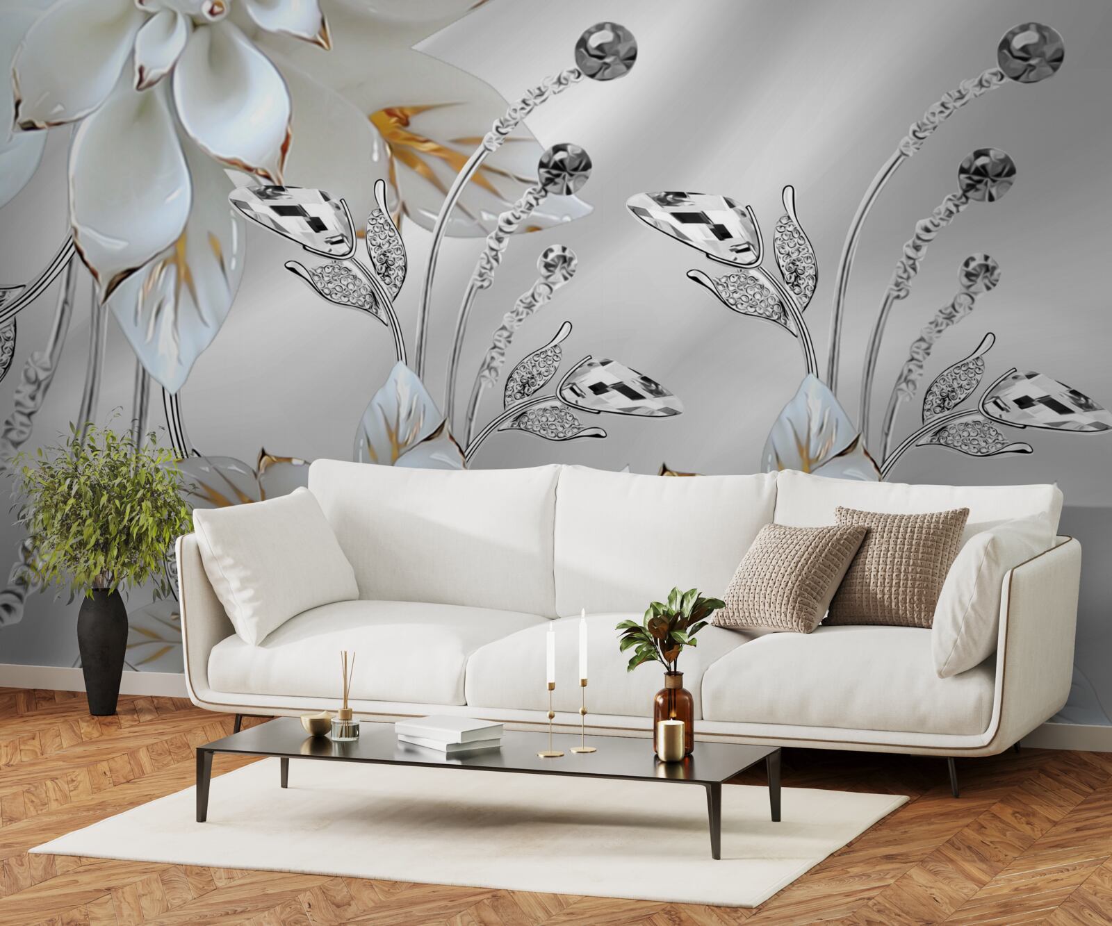 Fototapeta białe i złote kwiaty zdobione na jedwabnej tkaninie