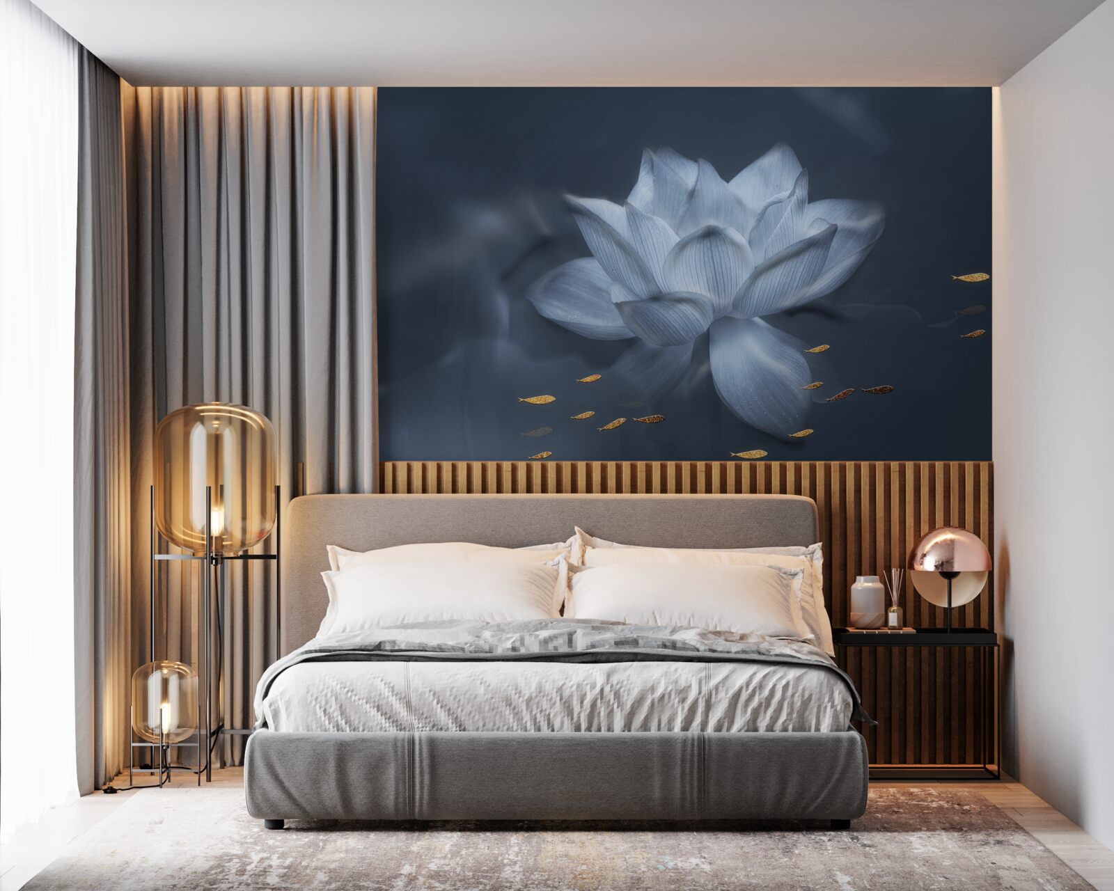 Fototapeta złota rybka i biały lotos