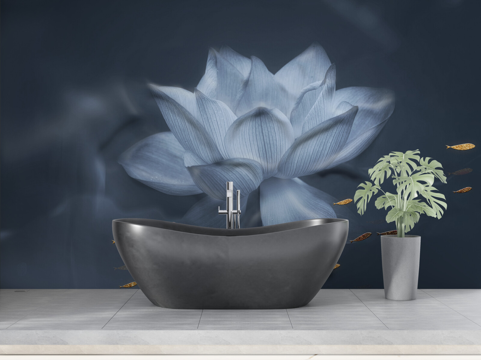 Fototapeta złota rybka i biały lotos