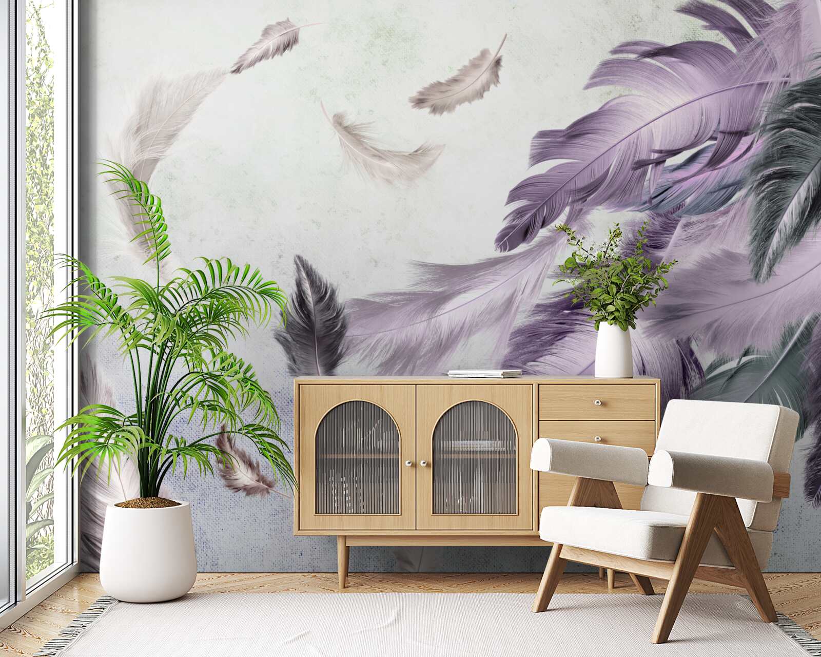 Fototapeta pióra latające w kolorze fioletowym