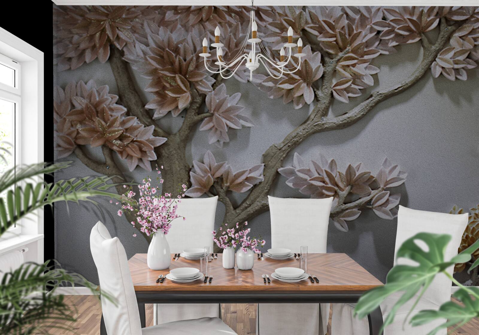 Fototapeta majestatyczne drzewo z liśćmi i ptakami