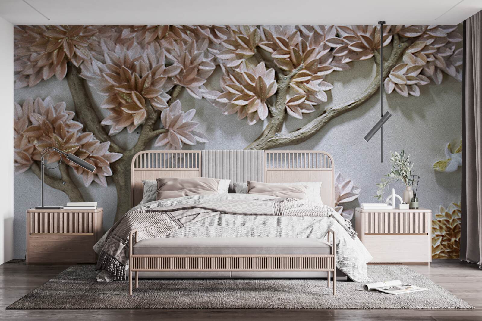 Fototapeta majestatyczne drzewo z liśćmi i ptakami