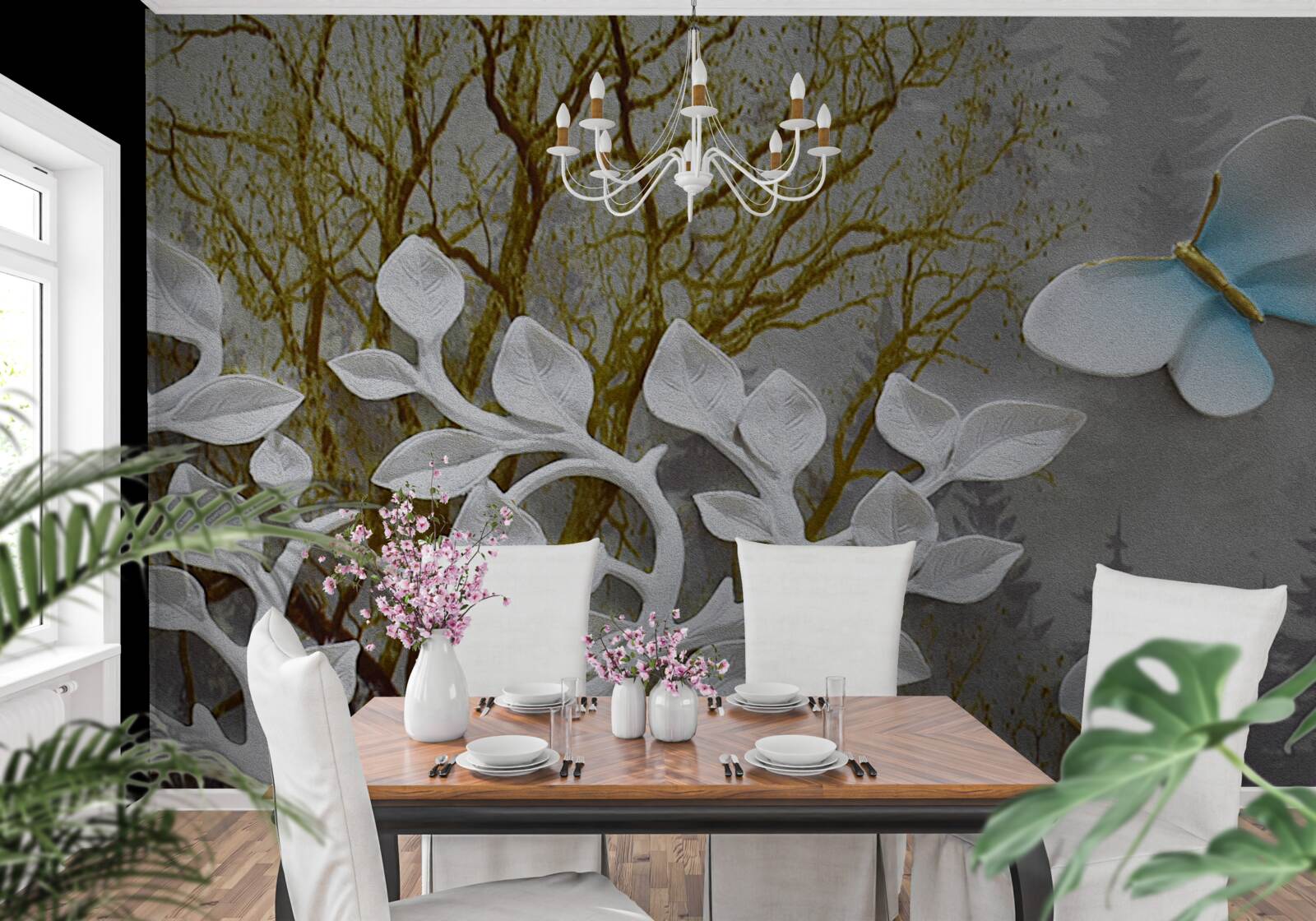 Fototapeta motyl siedzi na białej gałęzi w lesie