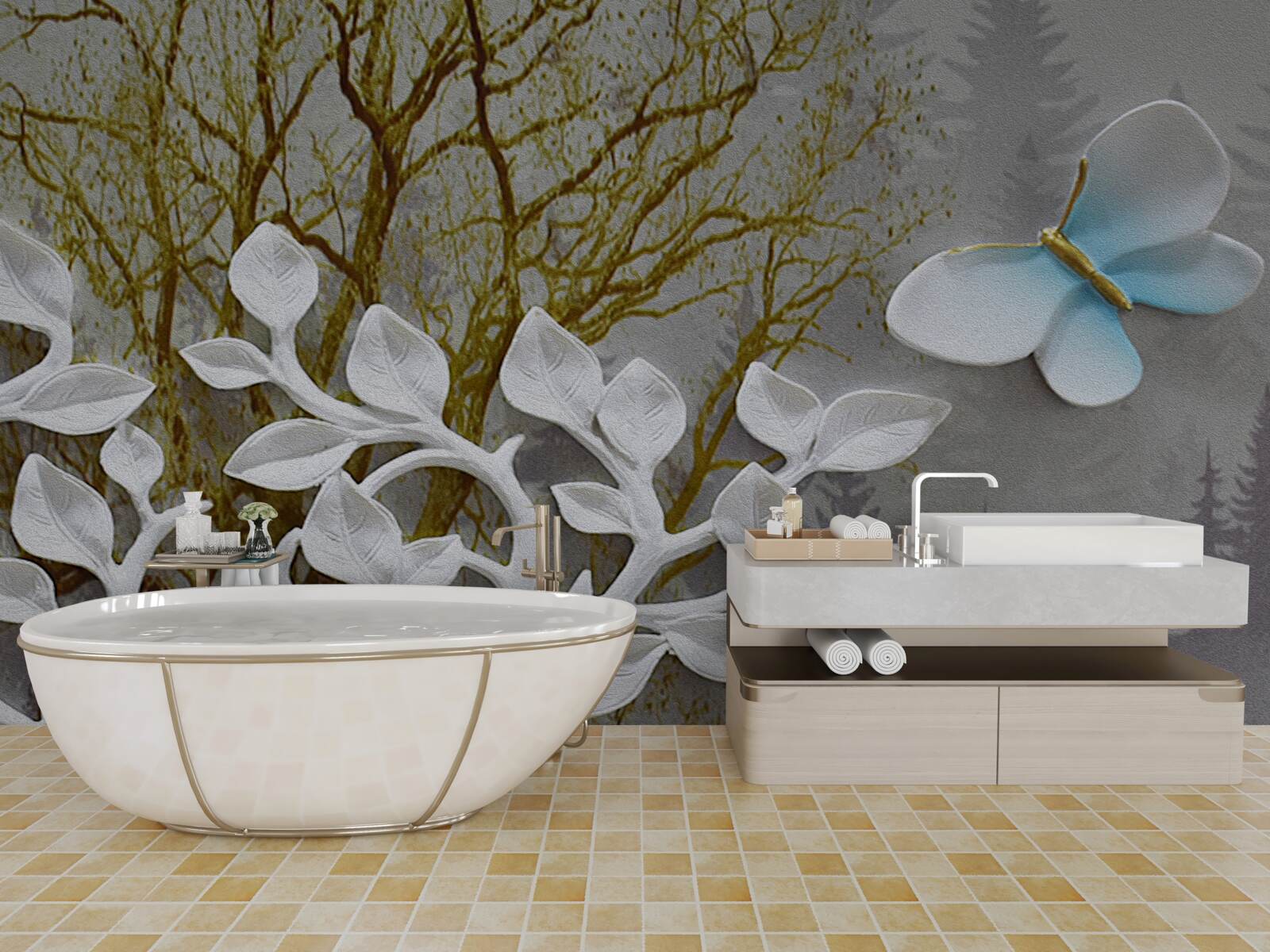 Fototapeta motyl siedzi na białej gałęzi w lesie