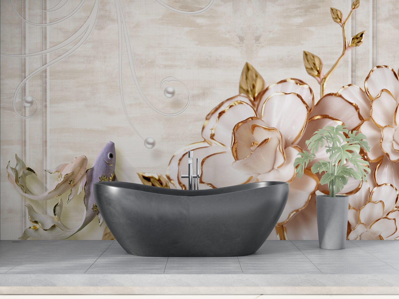 Fototapeta motyle i kwiaty wykonane z porcelany