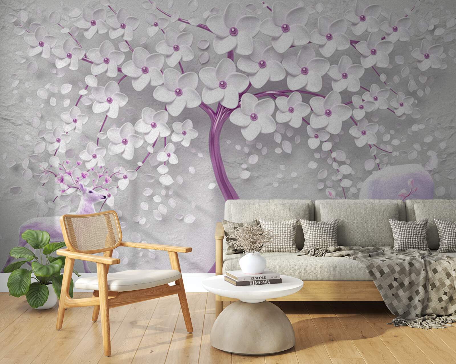 Fototapeta drzewo ze śnieżnobiałymi kwiatami i jeleniami