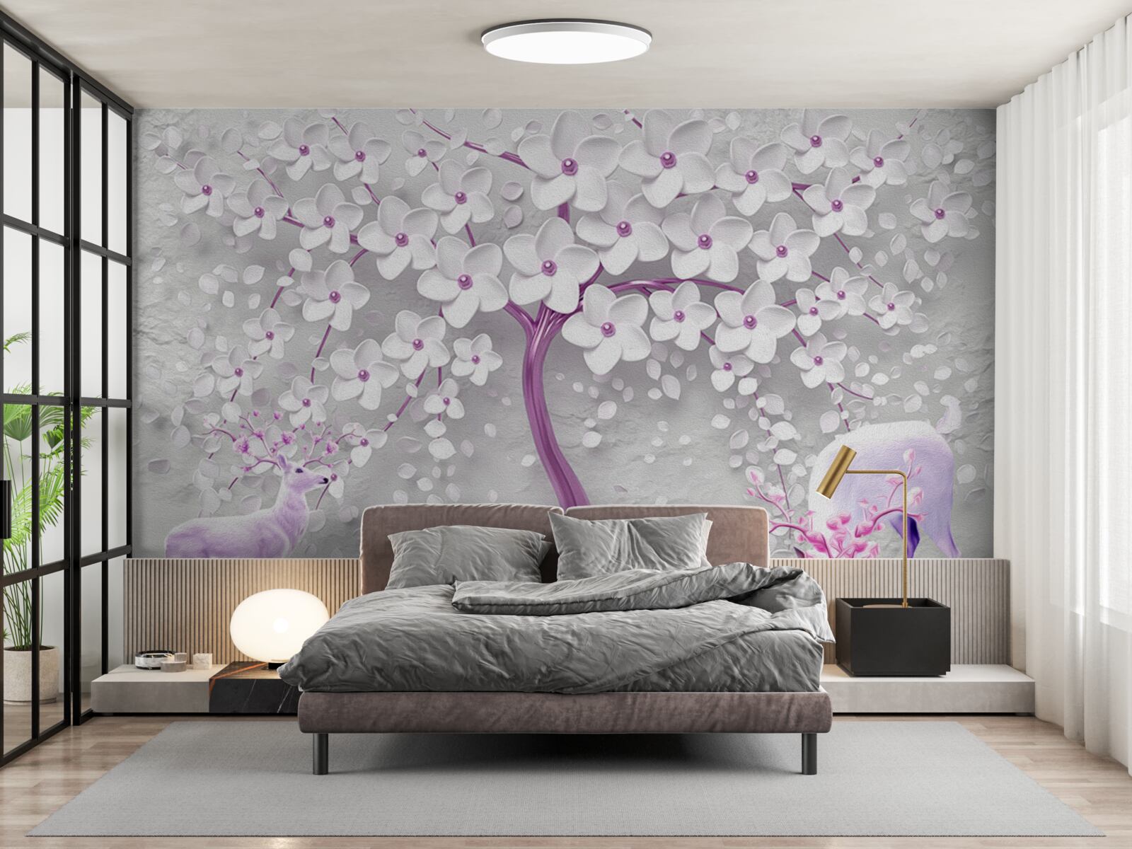 Fototapeta drzewo ze śnieżnobiałymi kwiatami i jeleniami