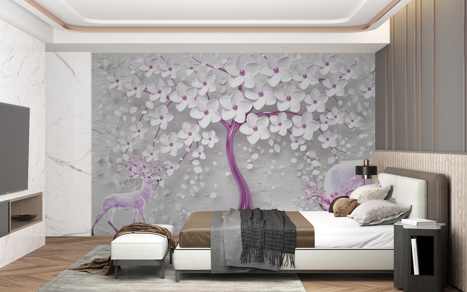 Fototapeta drzewo ze śnieżnobiałymi kwiatami i jeleniami