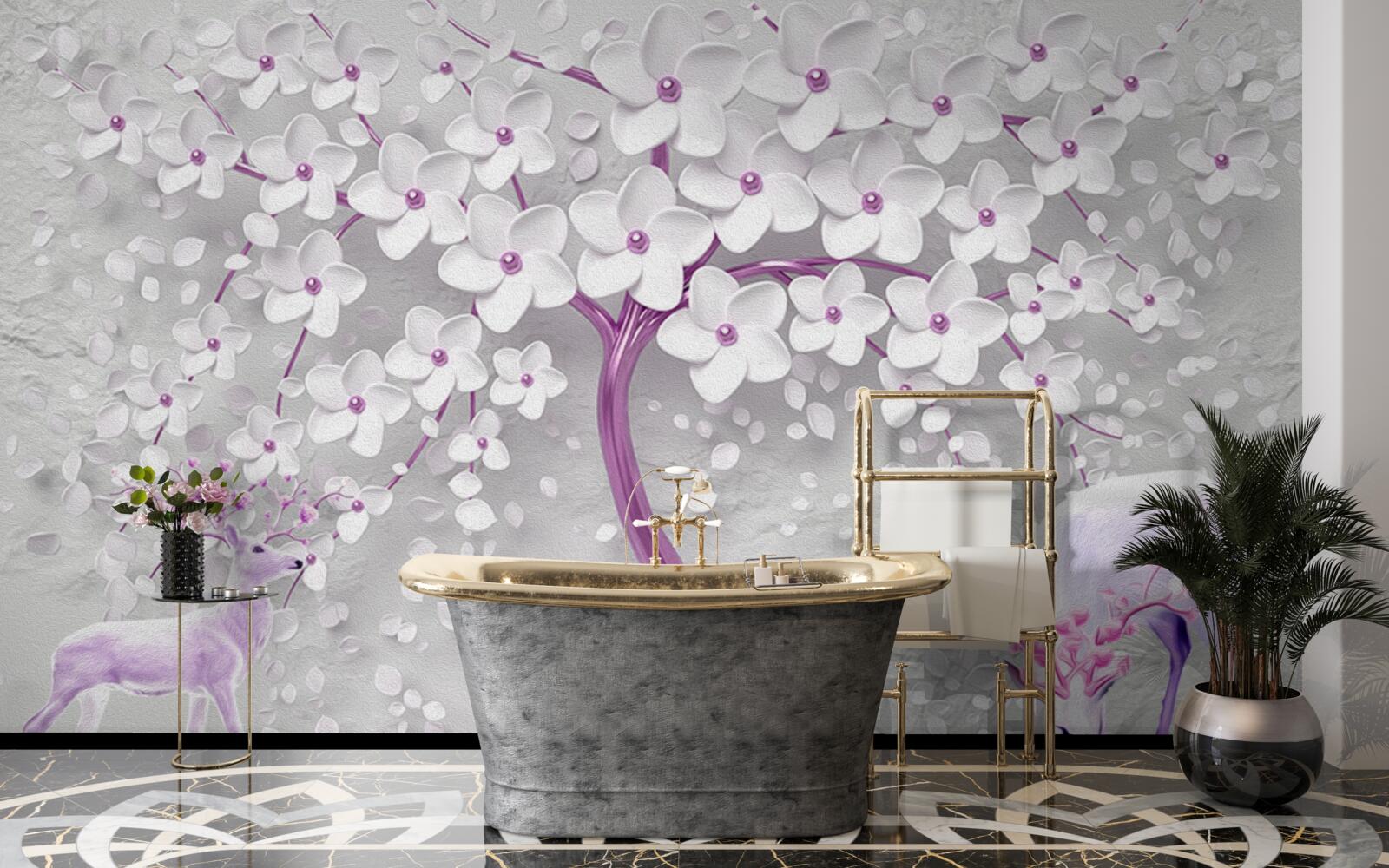 Fototapeta drzewo ze śnieżnobiałymi kwiatami i jeleniami